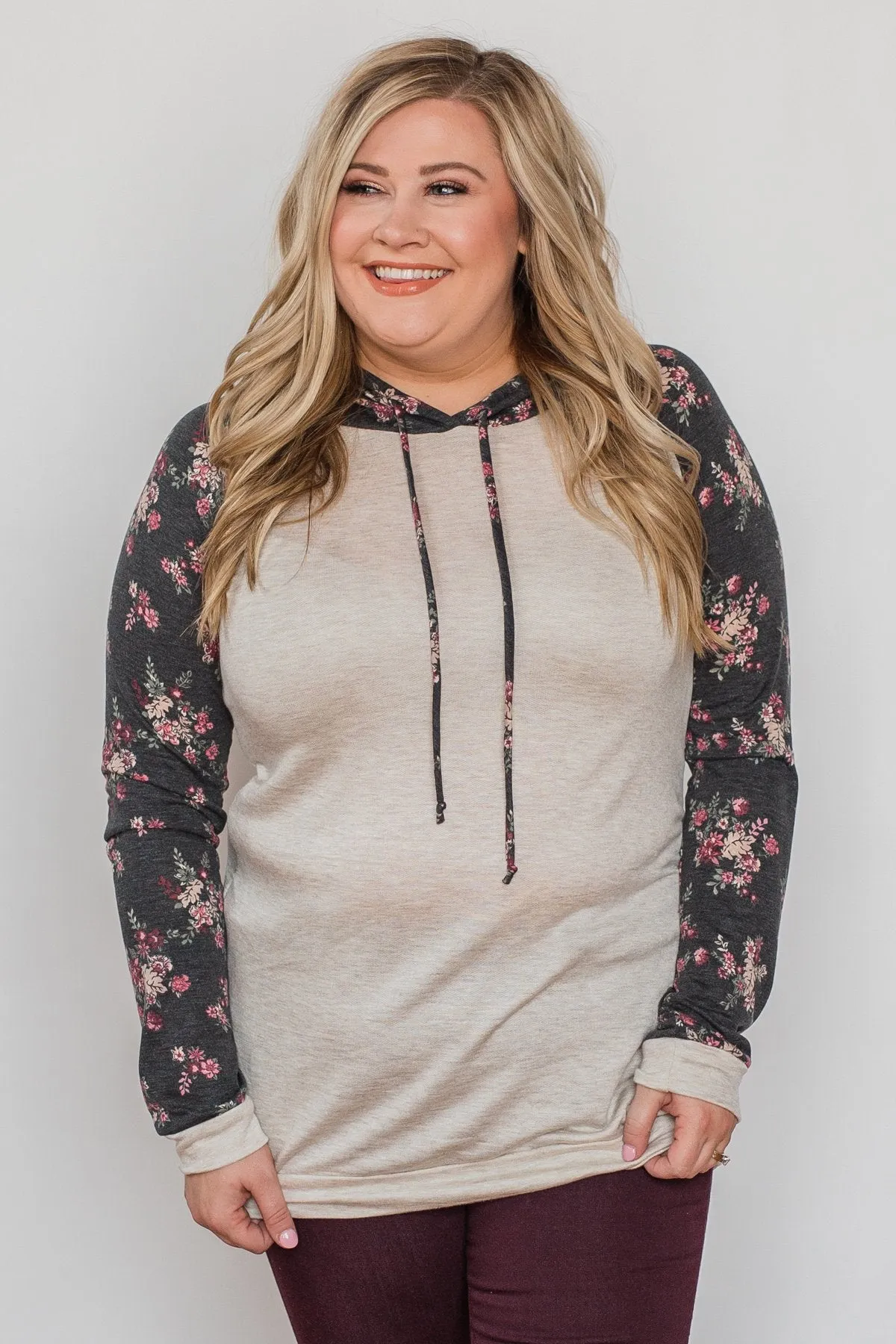 Dreaming in Floral Lightweight Hoodie- Oatmeal & Charcoal