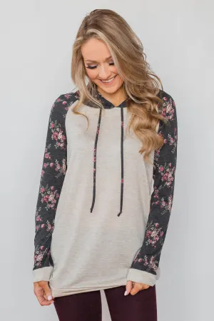 Dreaming in Floral Lightweight Hoodie- Oatmeal & Charcoal