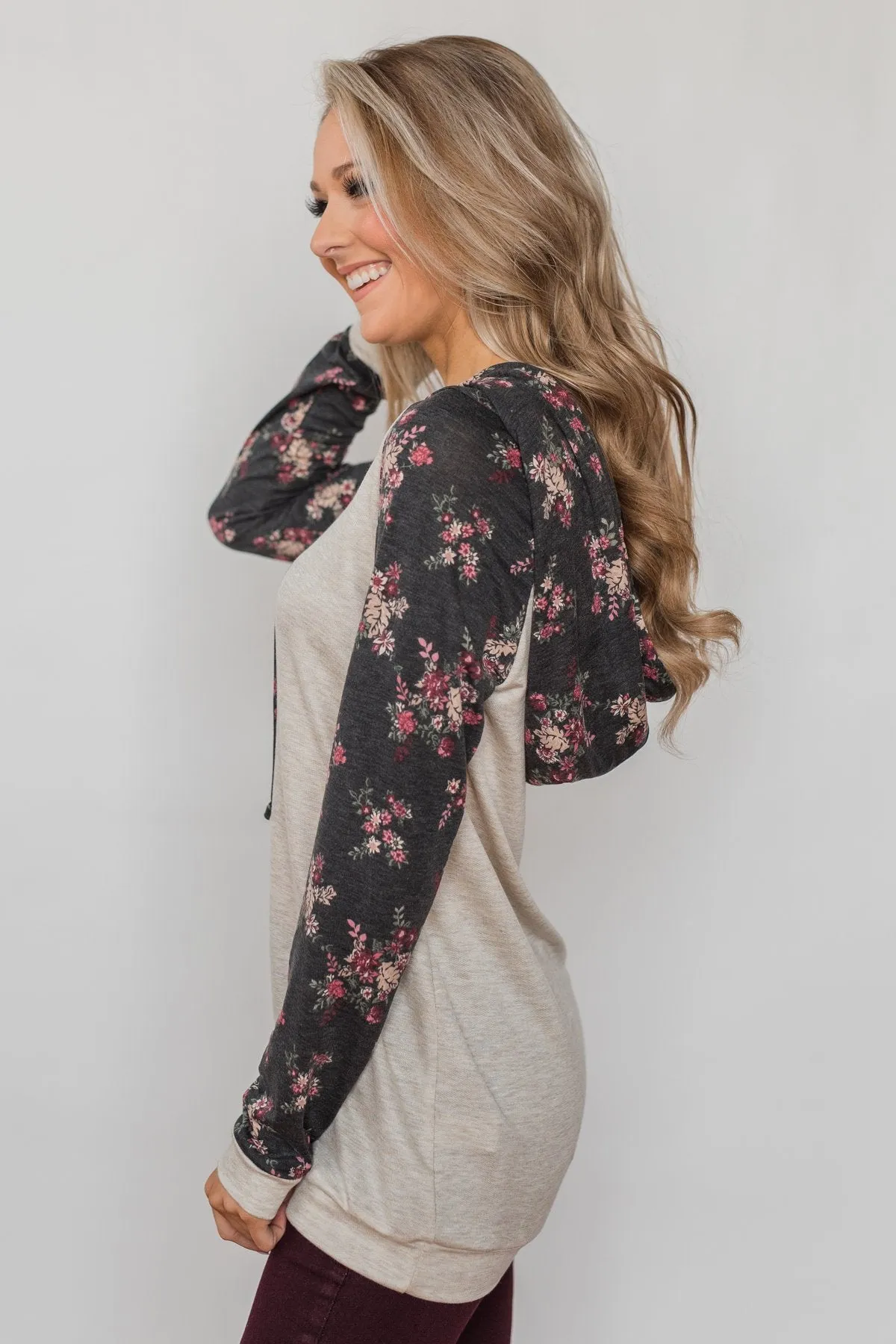 Dreaming in Floral Lightweight Hoodie- Oatmeal & Charcoal