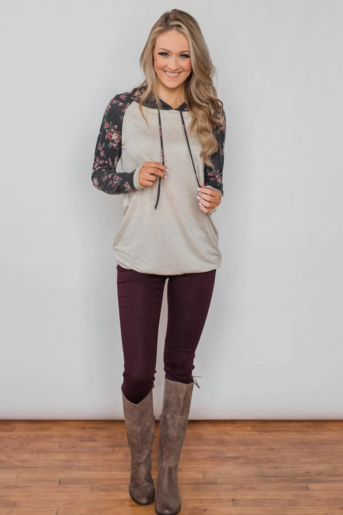 Dreaming in Floral Lightweight Hoodie- Oatmeal & Charcoal
