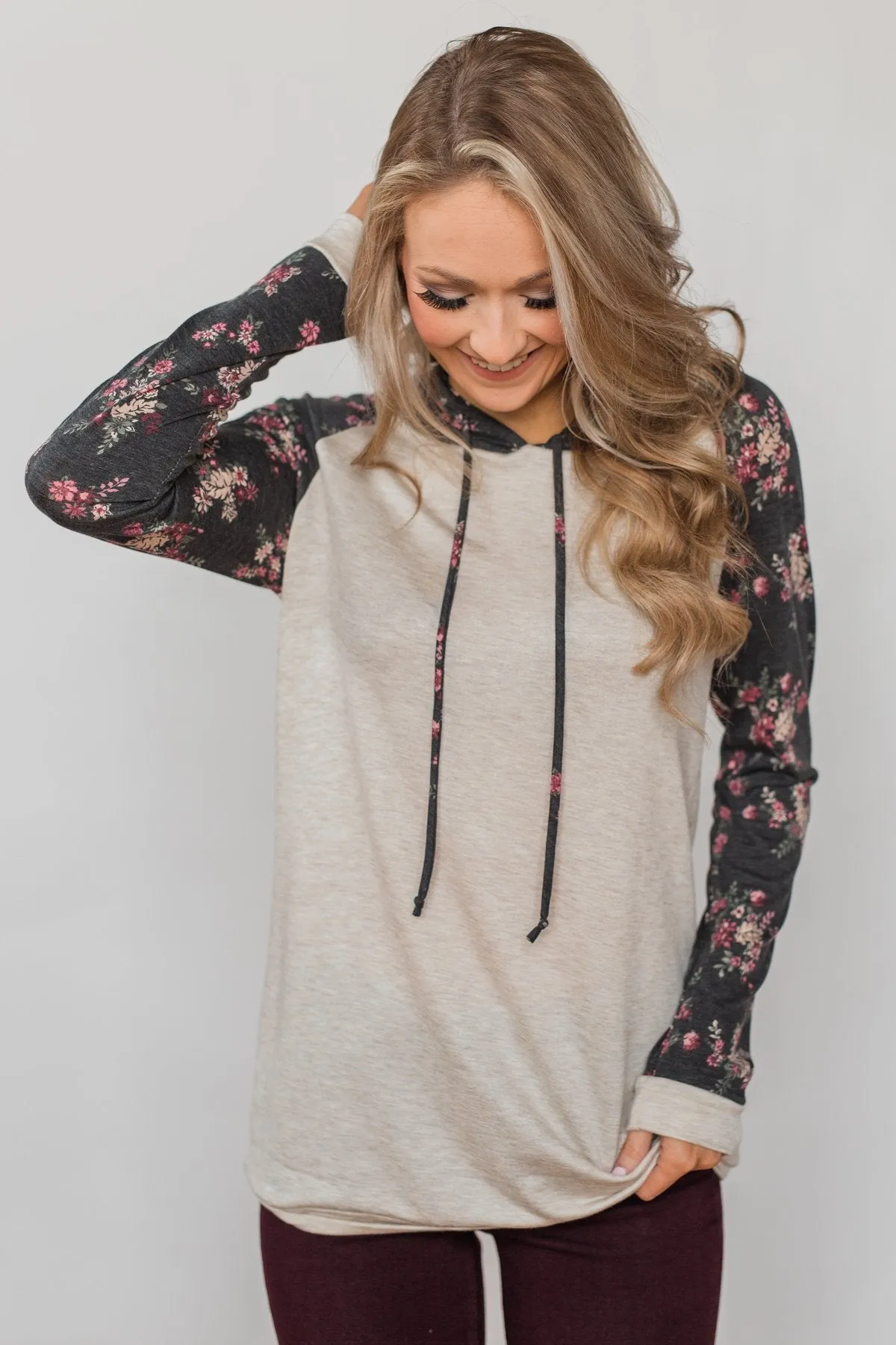 Dreaming in Floral Lightweight Hoodie- Oatmeal & Charcoal