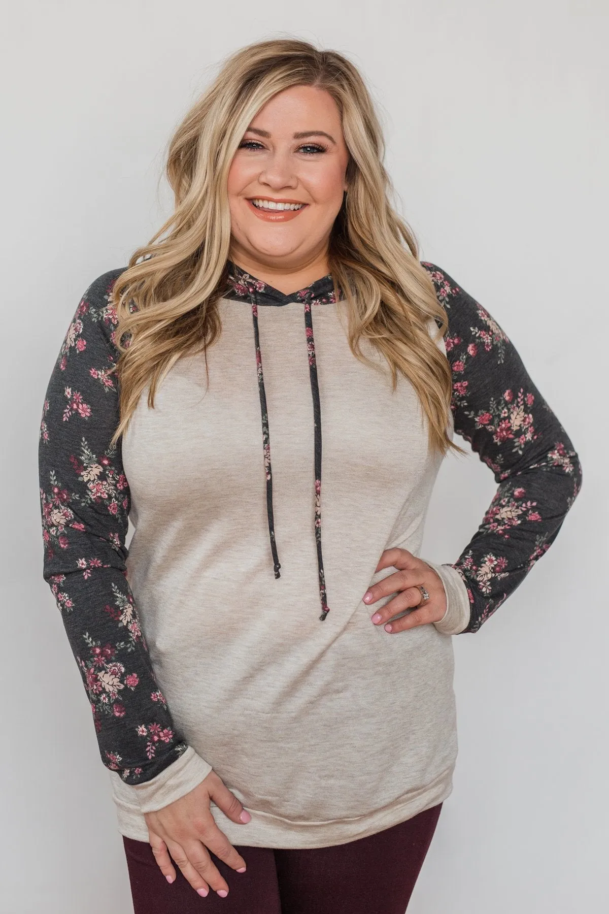 Dreaming in Floral Lightweight Hoodie- Oatmeal & Charcoal
