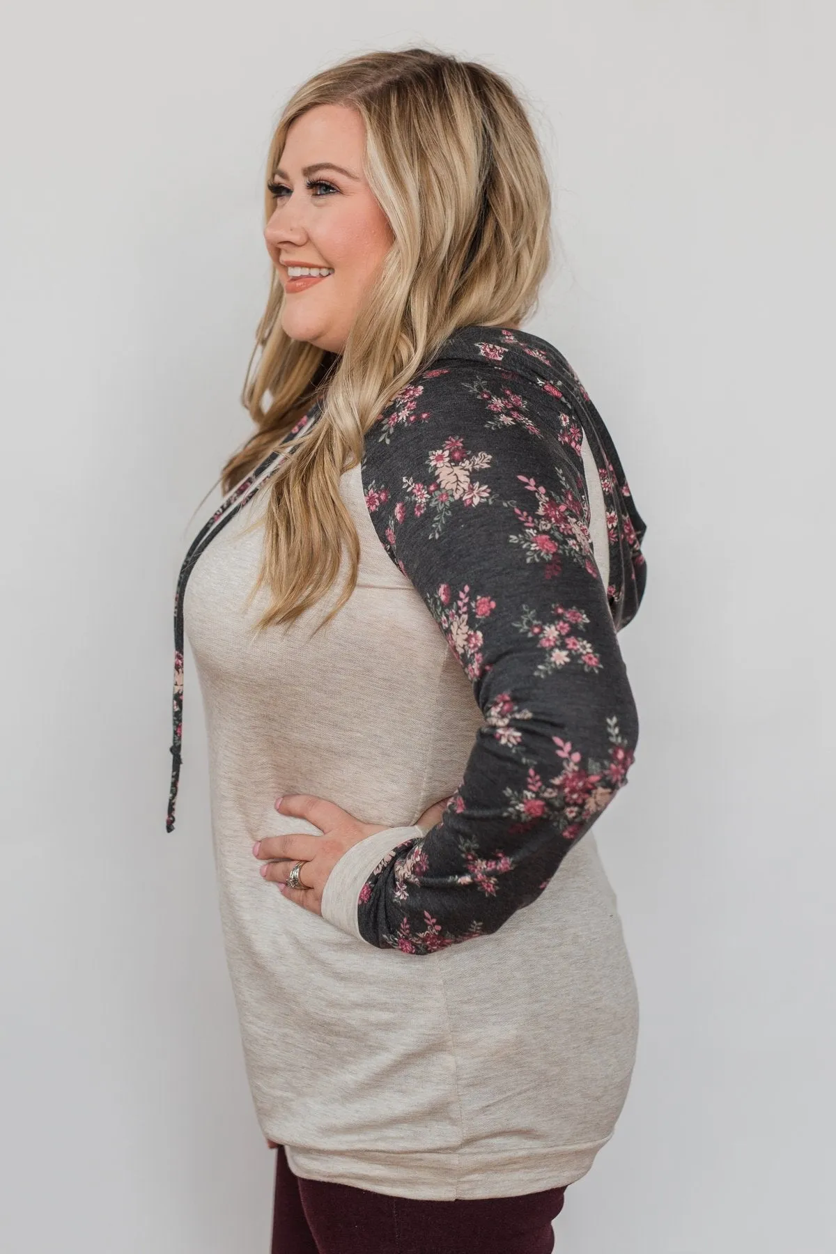 Dreaming in Floral Lightweight Hoodie- Oatmeal & Charcoal
