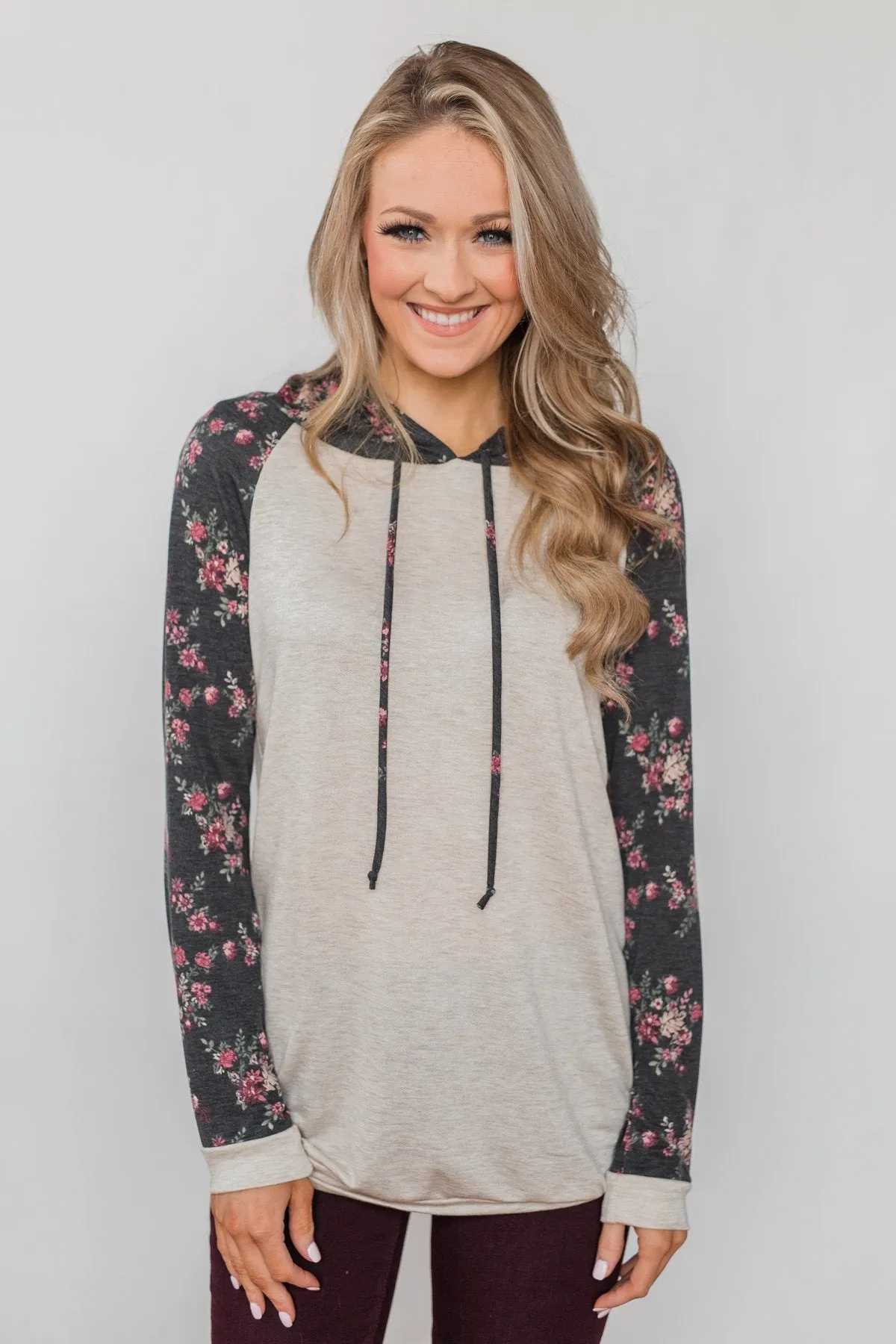 Dreaming in Floral Lightweight Hoodie- Oatmeal & Charcoal
