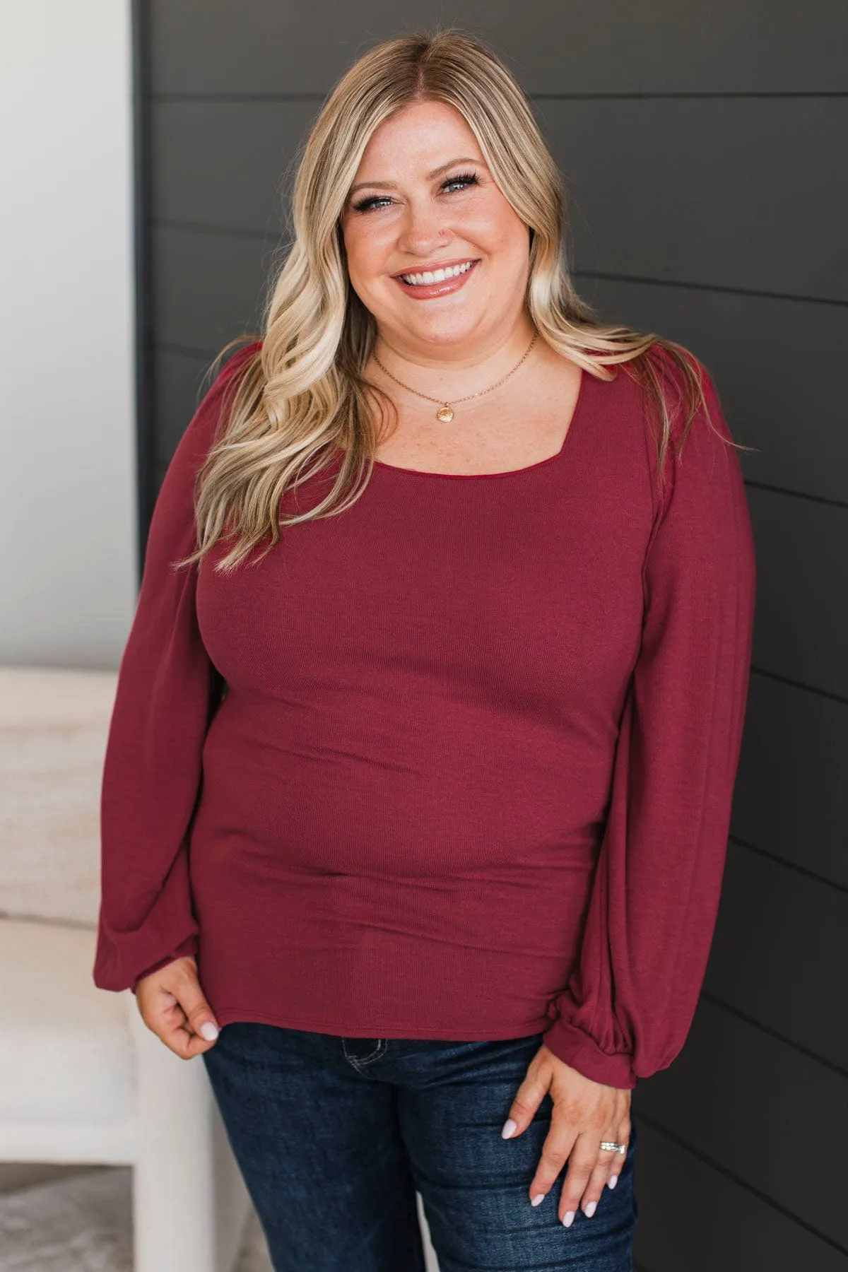 Easily Enchanting Balloon Sleeve Top- Burgundy