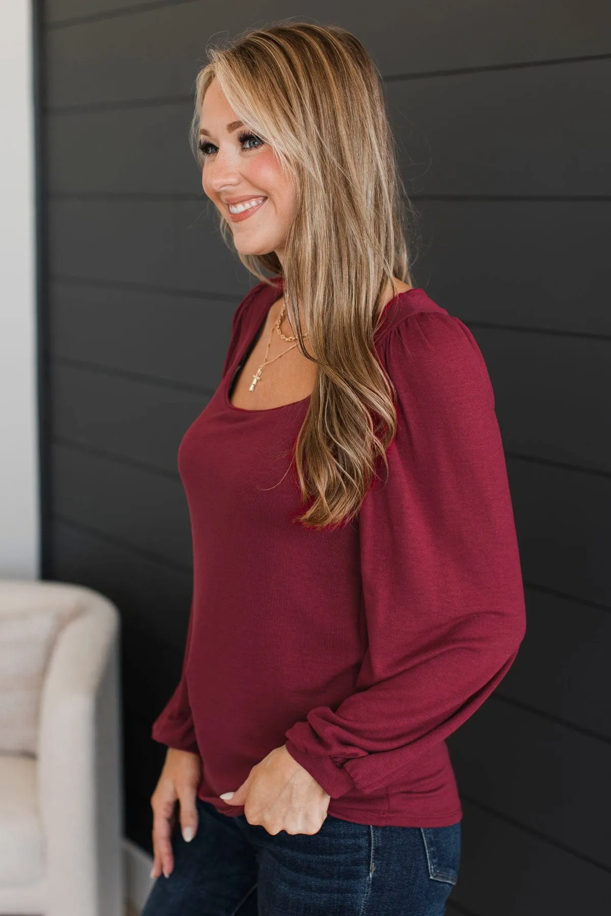 Easily Enchanting Balloon Sleeve Top- Burgundy