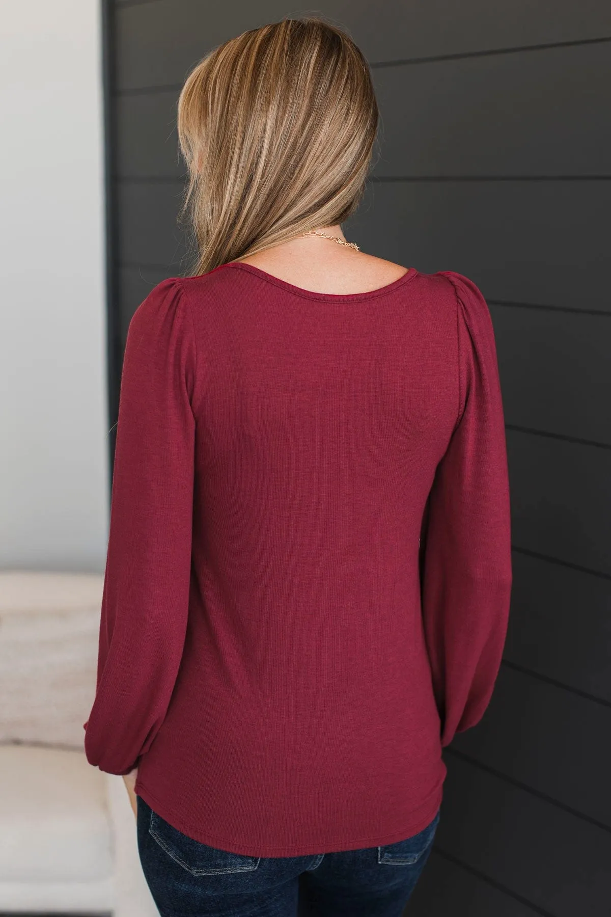 Easily Enchanting Balloon Sleeve Top- Burgundy