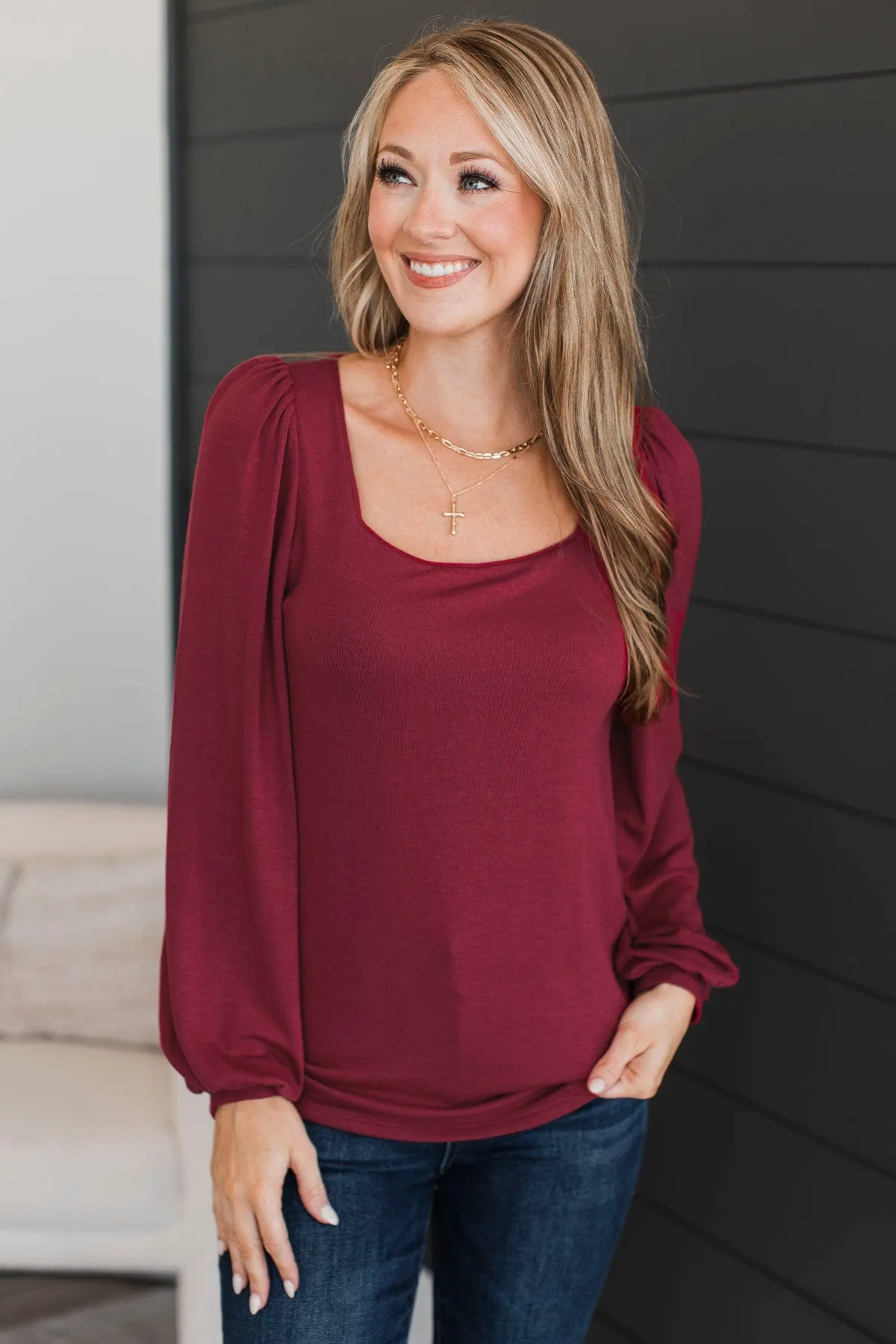 Easily Enchanting Balloon Sleeve Top- Burgundy