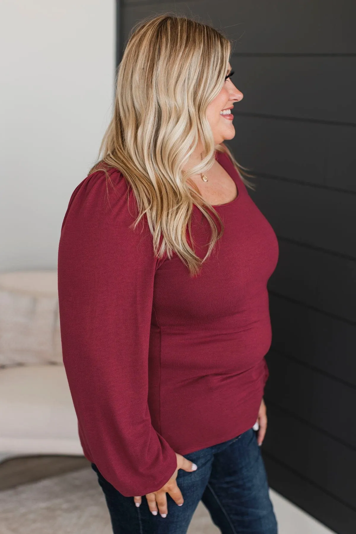 Easily Enchanting Balloon Sleeve Top- Burgundy