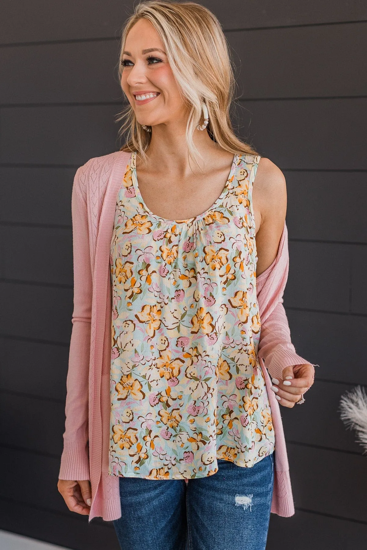 Found My Way Floral Tank Top- Light Blue
