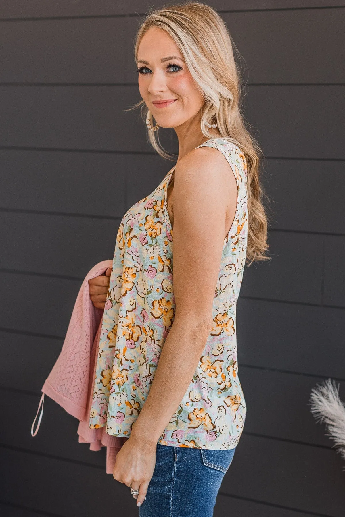 Found My Way Floral Tank Top- Light Blue