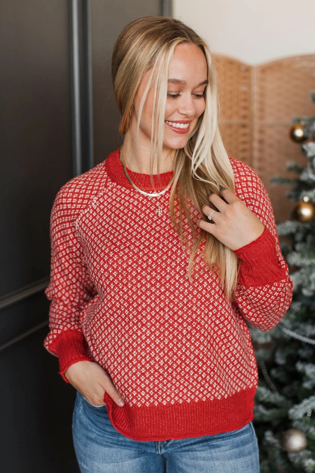 Frosted Looks Printed Knit Sweater- Red