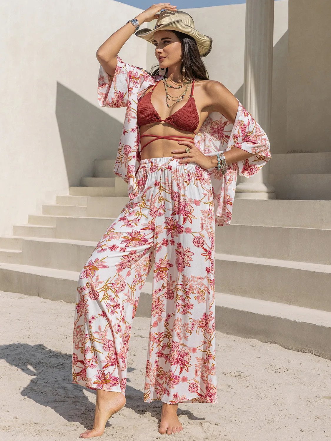 Hazel Blues® |  Printed Open Front Half Sleeve Top and Pants Set