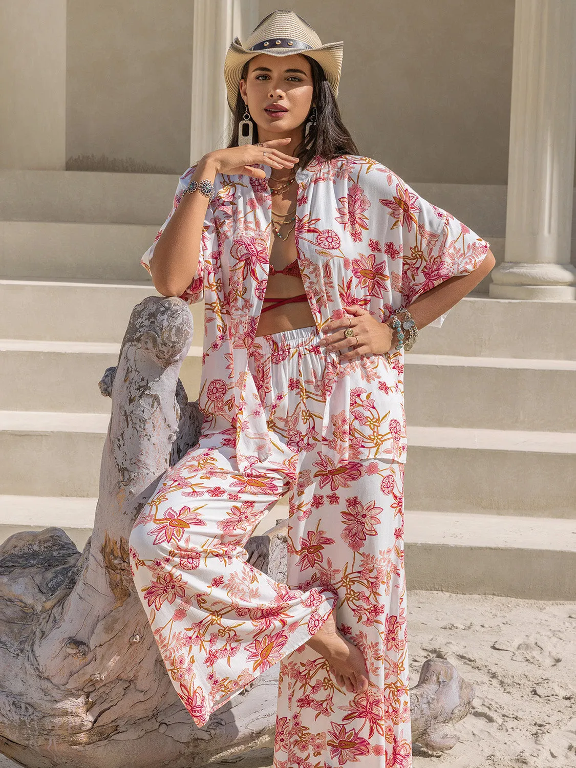 Hazel Blues® |  Printed Open Front Half Sleeve Top and Pants Set