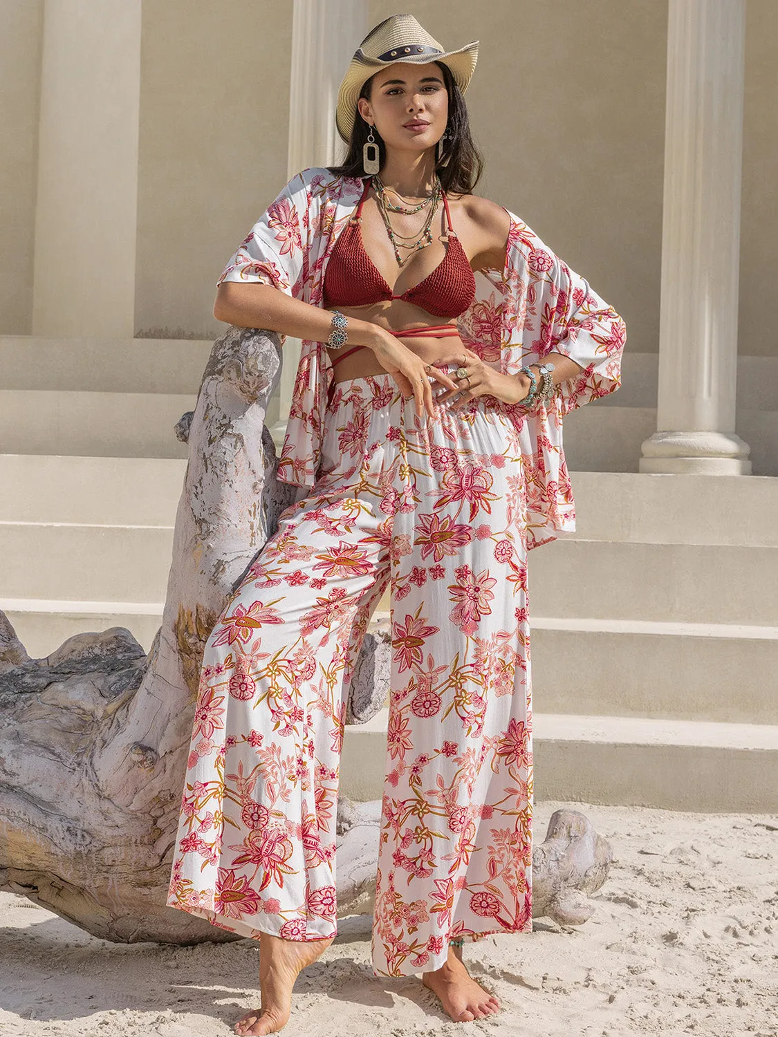 Hazel Blues® |  Printed Open Front Half Sleeve Top and Pants Set