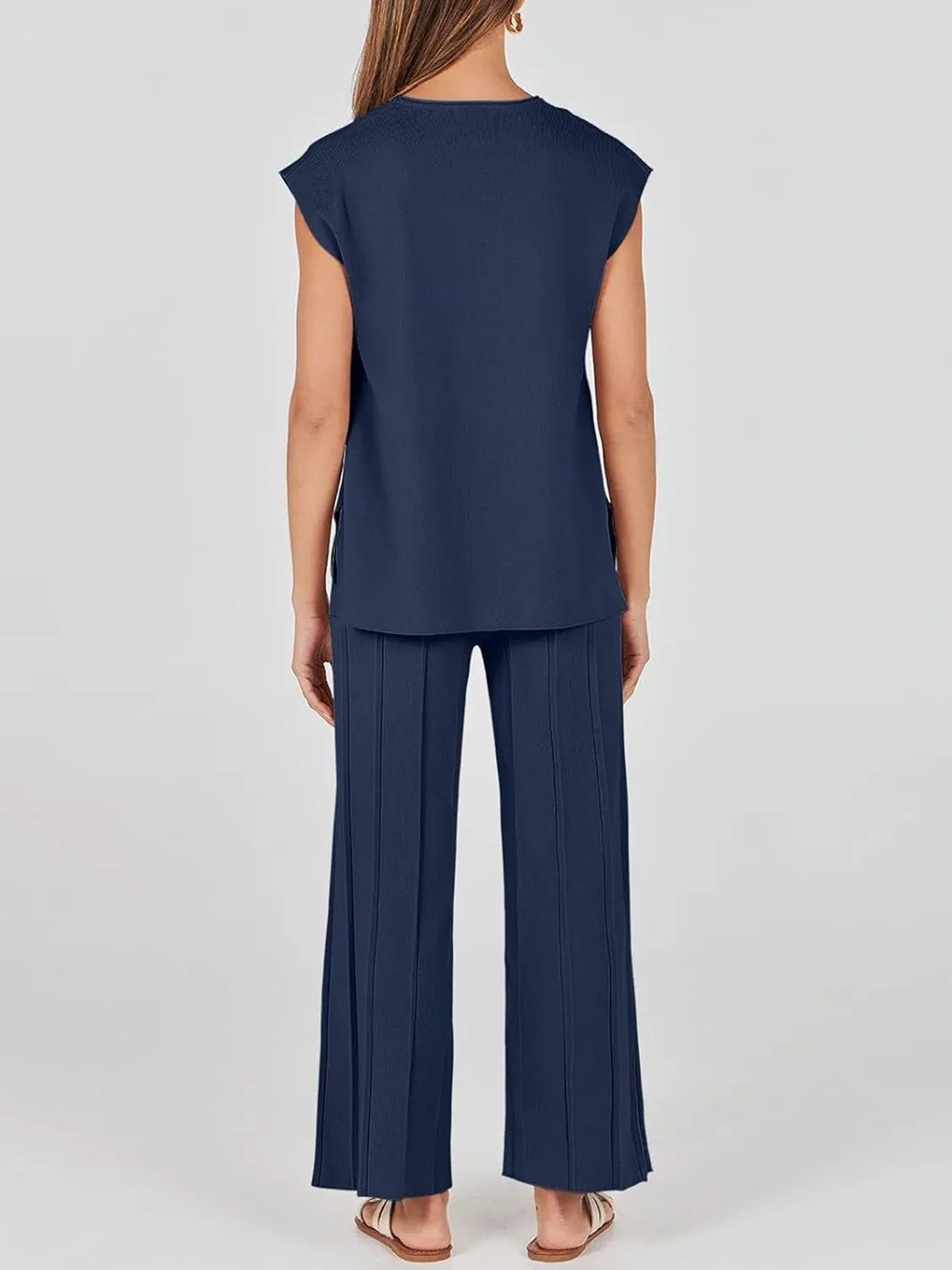 Hazel Blues® |  Round Neck Cap Sleeve Top and Pants Knit Set