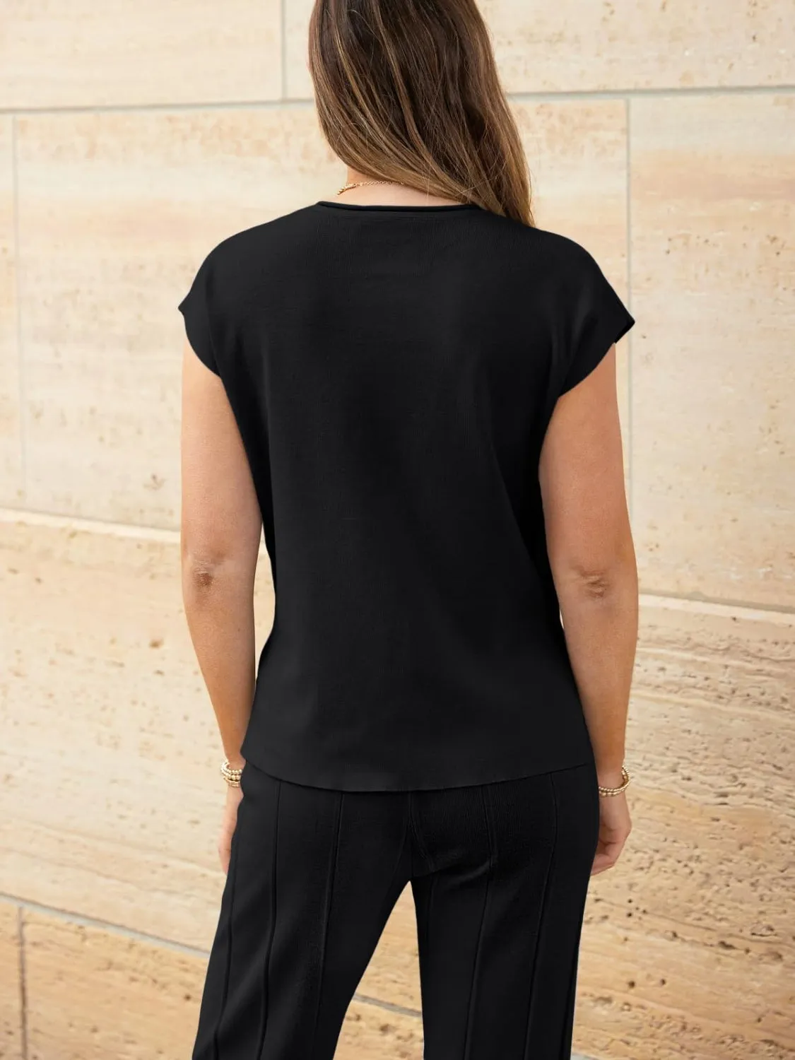 Hazel Blues® |  Round Neck Cap Sleeve Top and Pants Knit Set