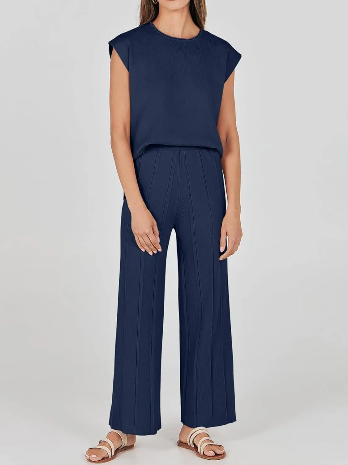 Hazel Blues® |  Round Neck Cap Sleeve Top and Pants Knit Set