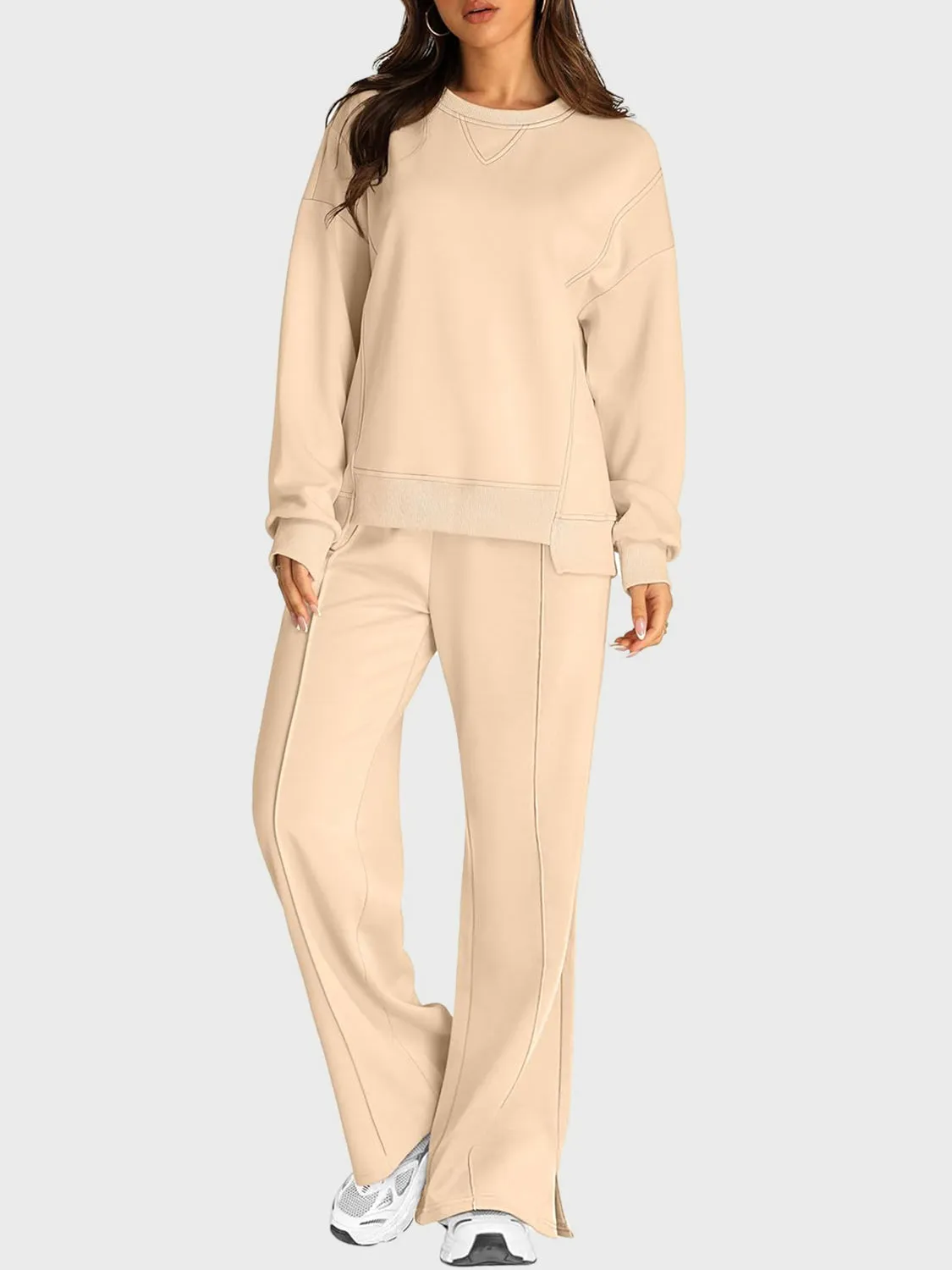 Hazel Blues® |  Round Neck Long Sleeve Top and Slit Pants Set