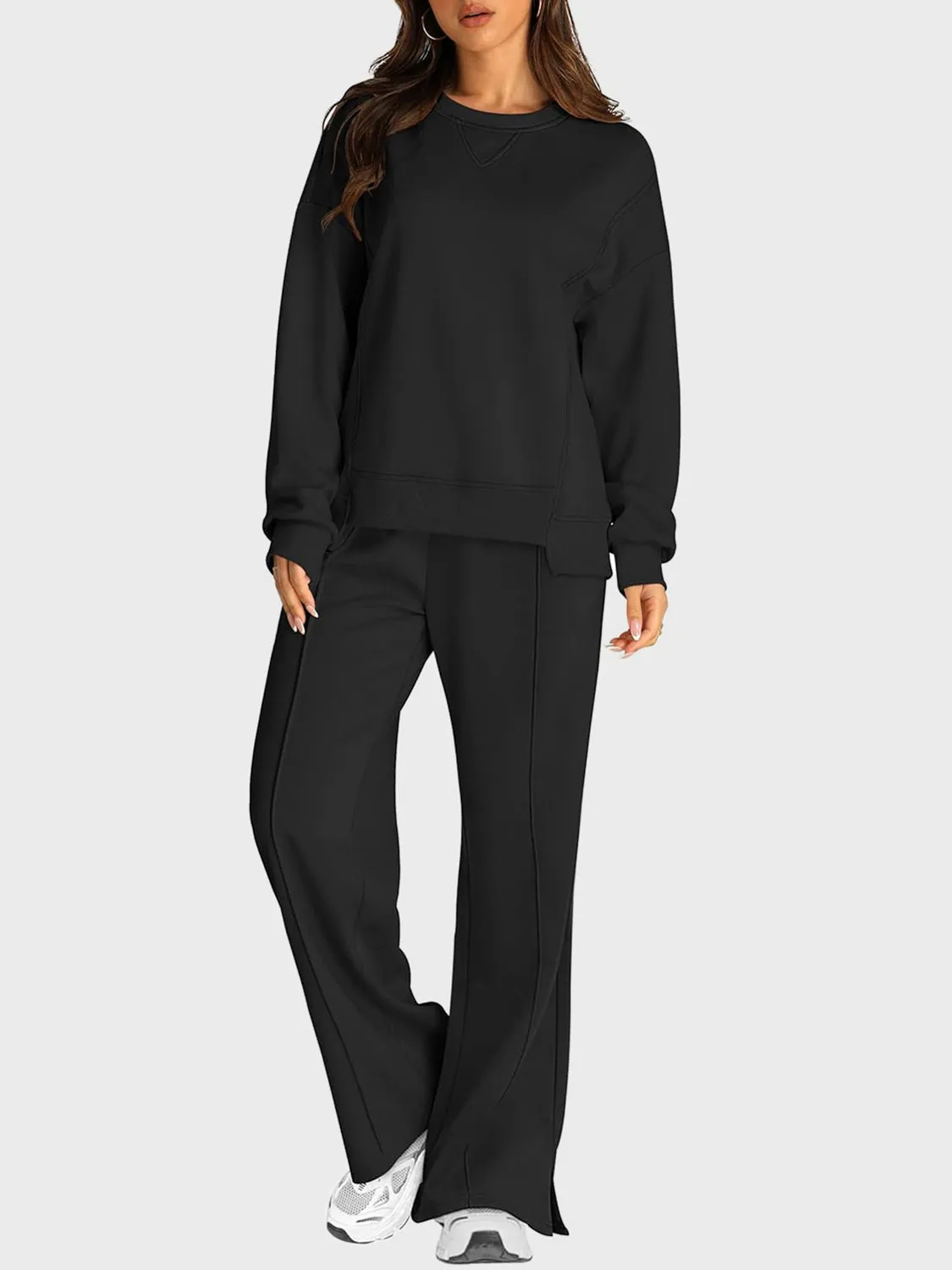 Hazel Blues® |  Round Neck Long Sleeve Top and Slit Pants Set
