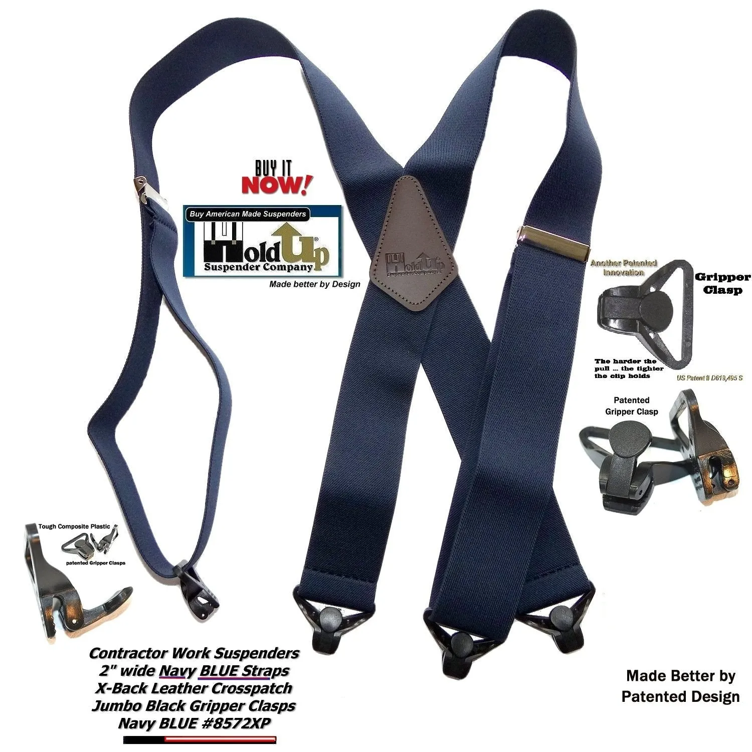 Hold-Ups Heavy Duty Navy Blue 2" Wide Work Suspenders with black Gripper Clasps