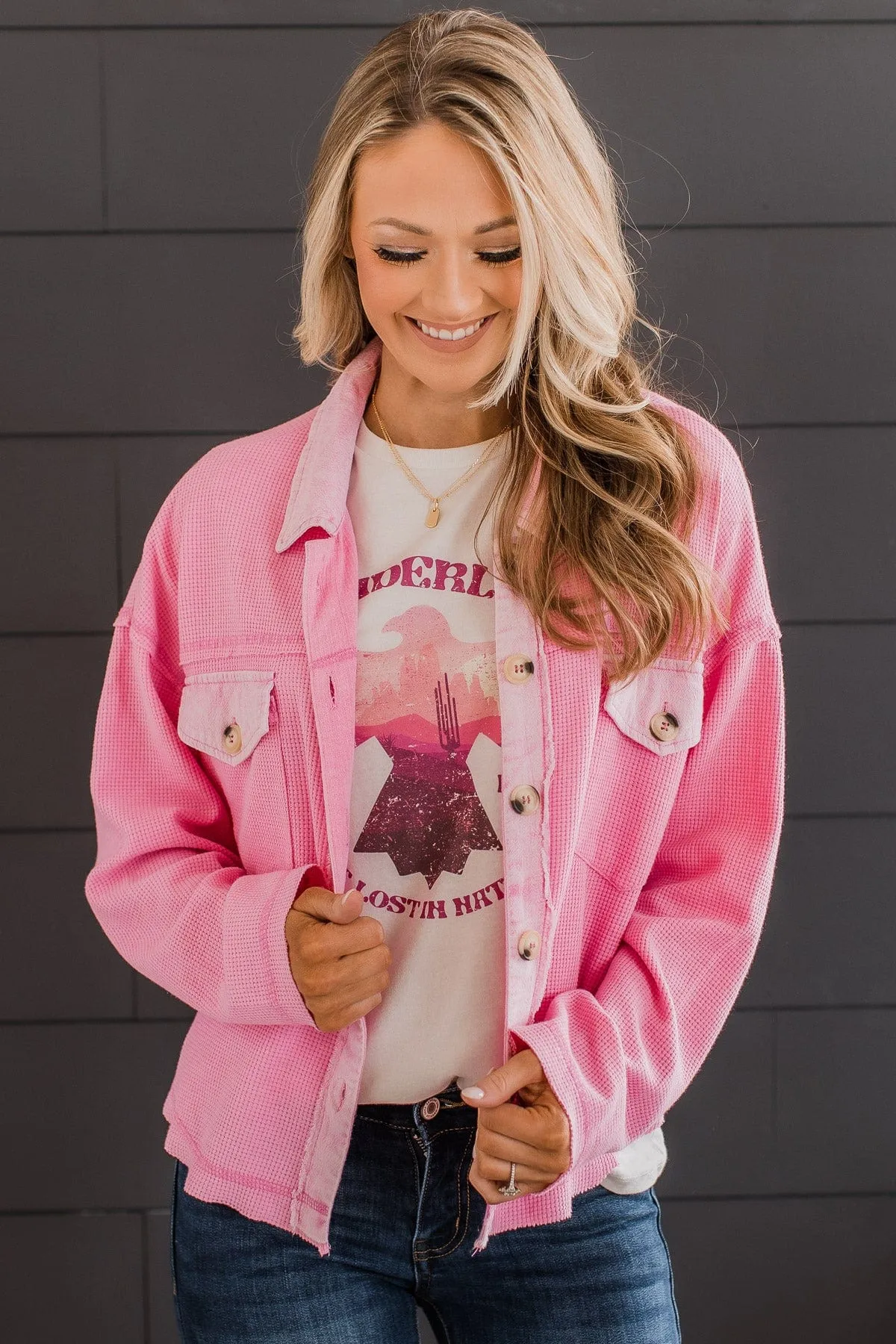 Honorable Mention Lightweight Button Top- Pink
