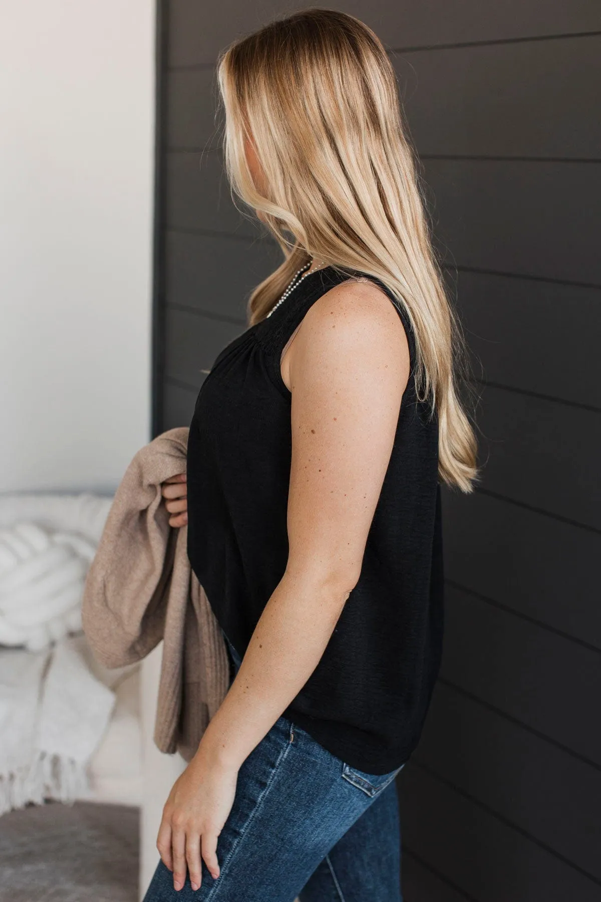 In A Daydream Smocked Tank Top- Black