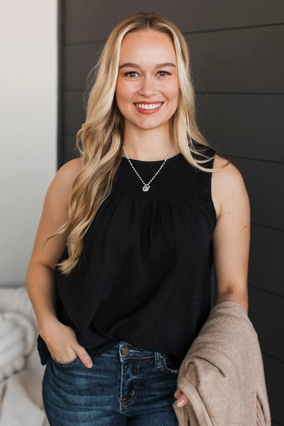 In A Daydream Smocked Tank Top- Black