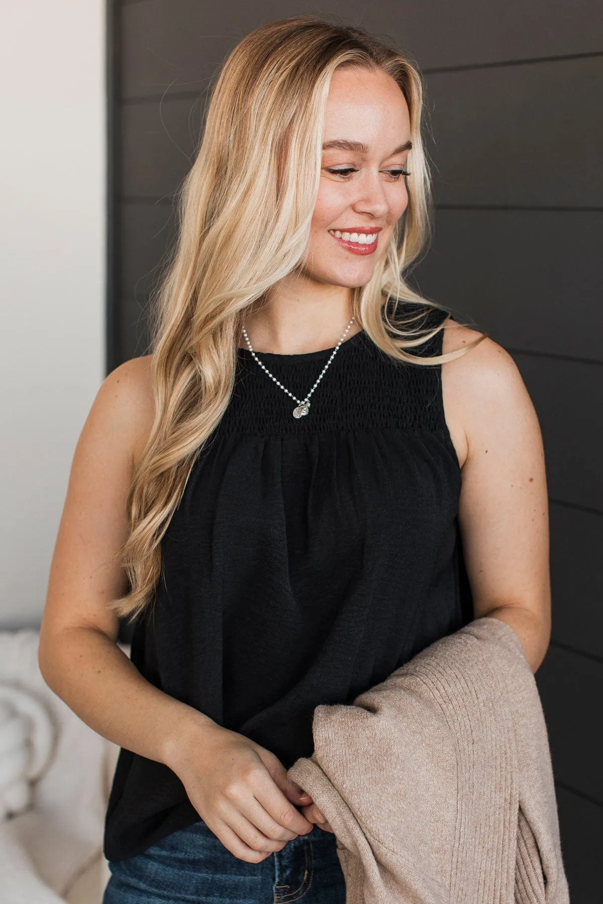 In A Daydream Smocked Tank Top- Black