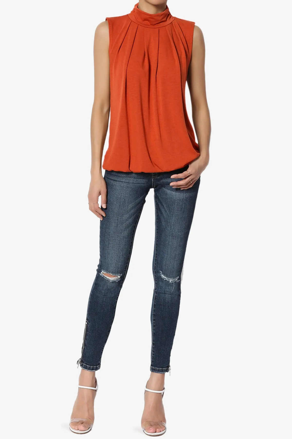 Jibbitz Sleeveless Mock Neck Pleated Top PLUS