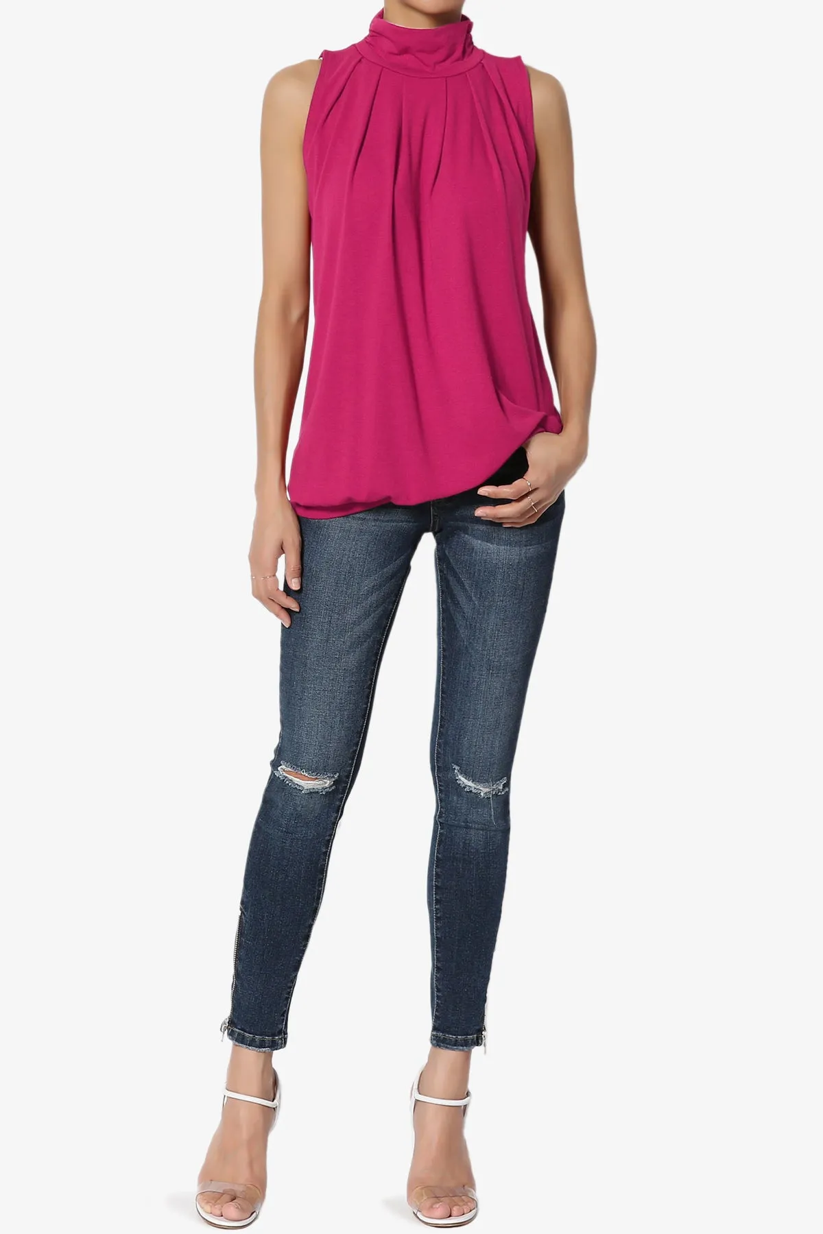 Jibbitz Sleeveless Mock Neck Pleated Top PLUS