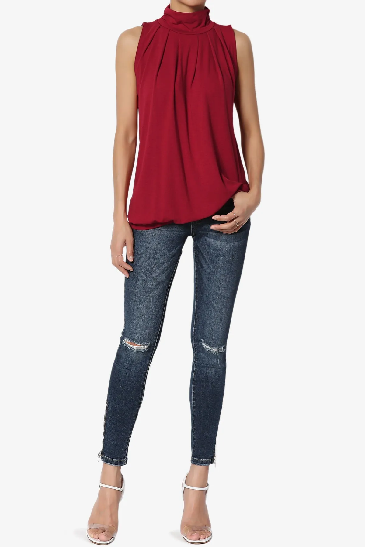 Jibbitz Sleeveless Mock Neck Pleated Top PLUS