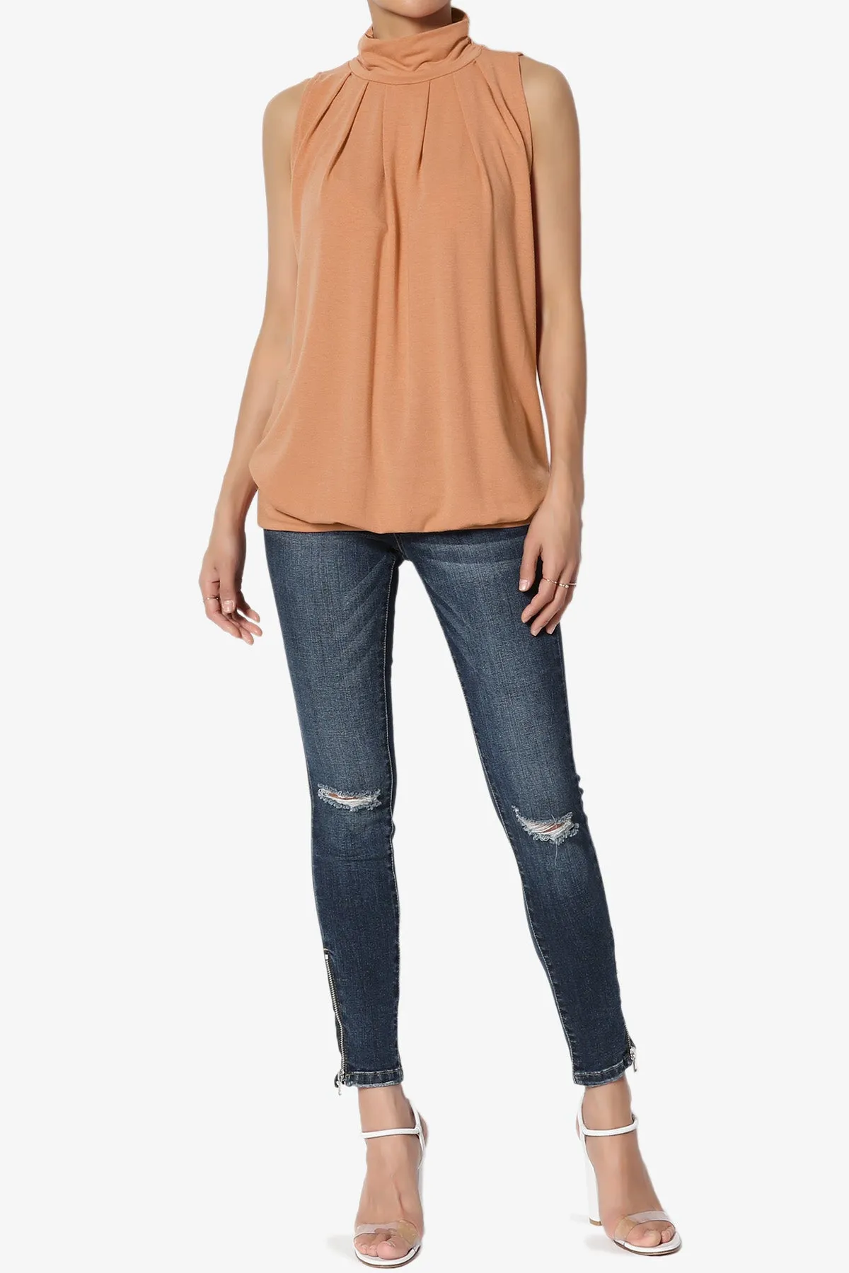 Jibbitz Sleeveless Mock Neck Pleated Top PLUS
