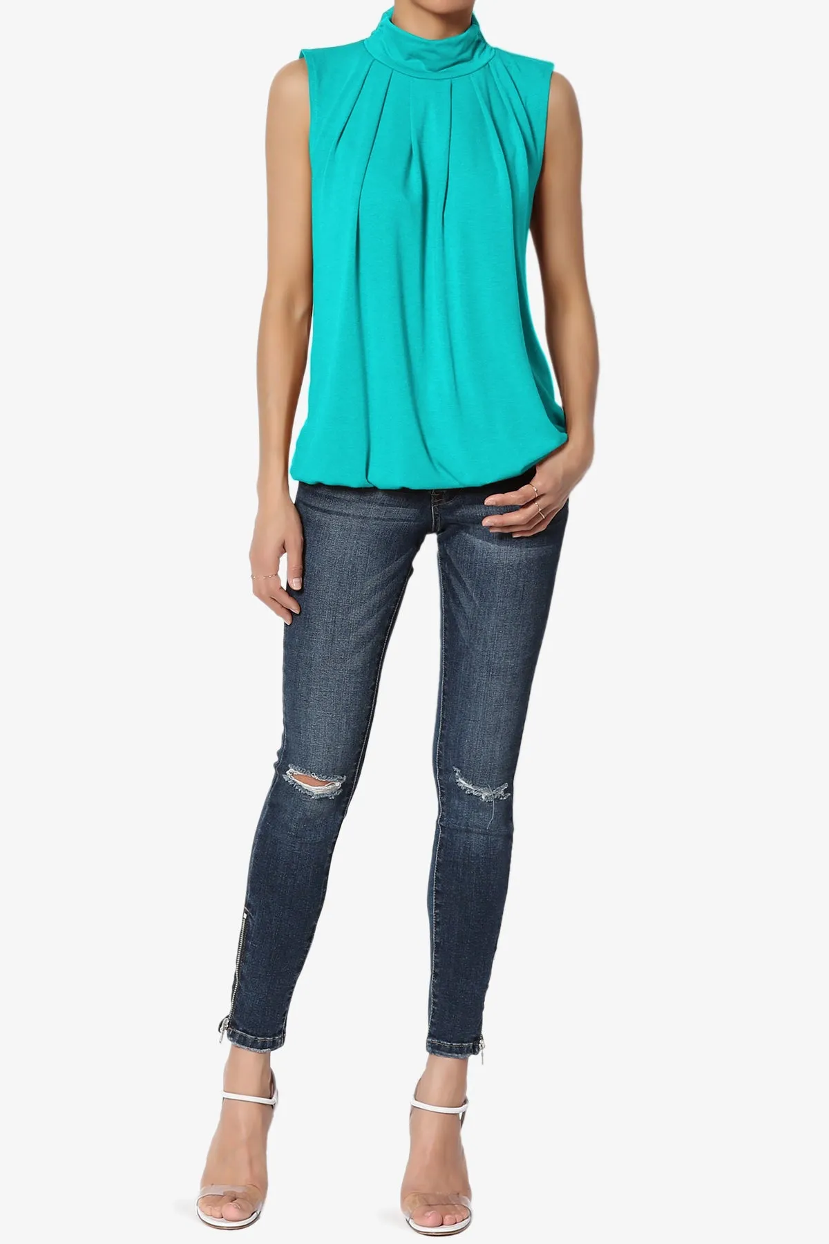 Jibbitz Sleeveless Mock Neck Pleated Top PLUS