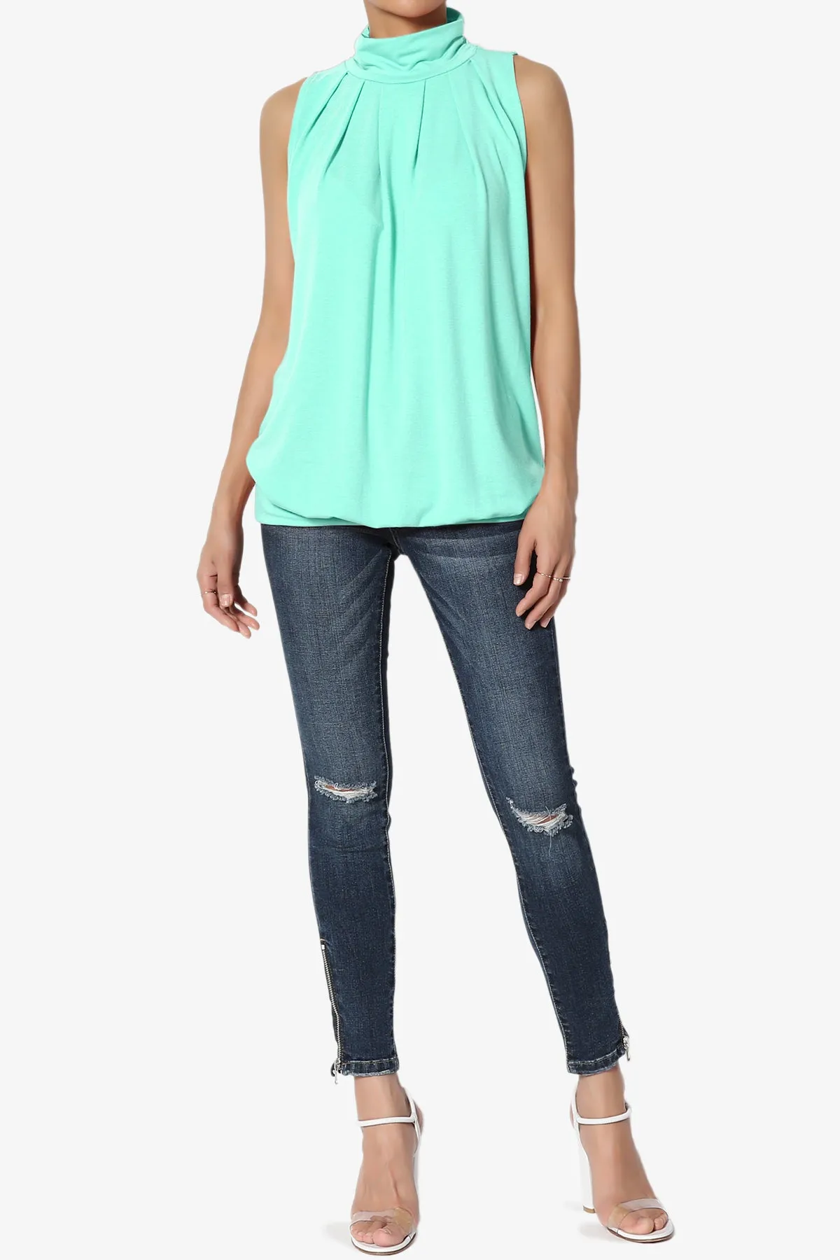 Jibbitz Sleeveless Mock Neck Pleated Top PLUS