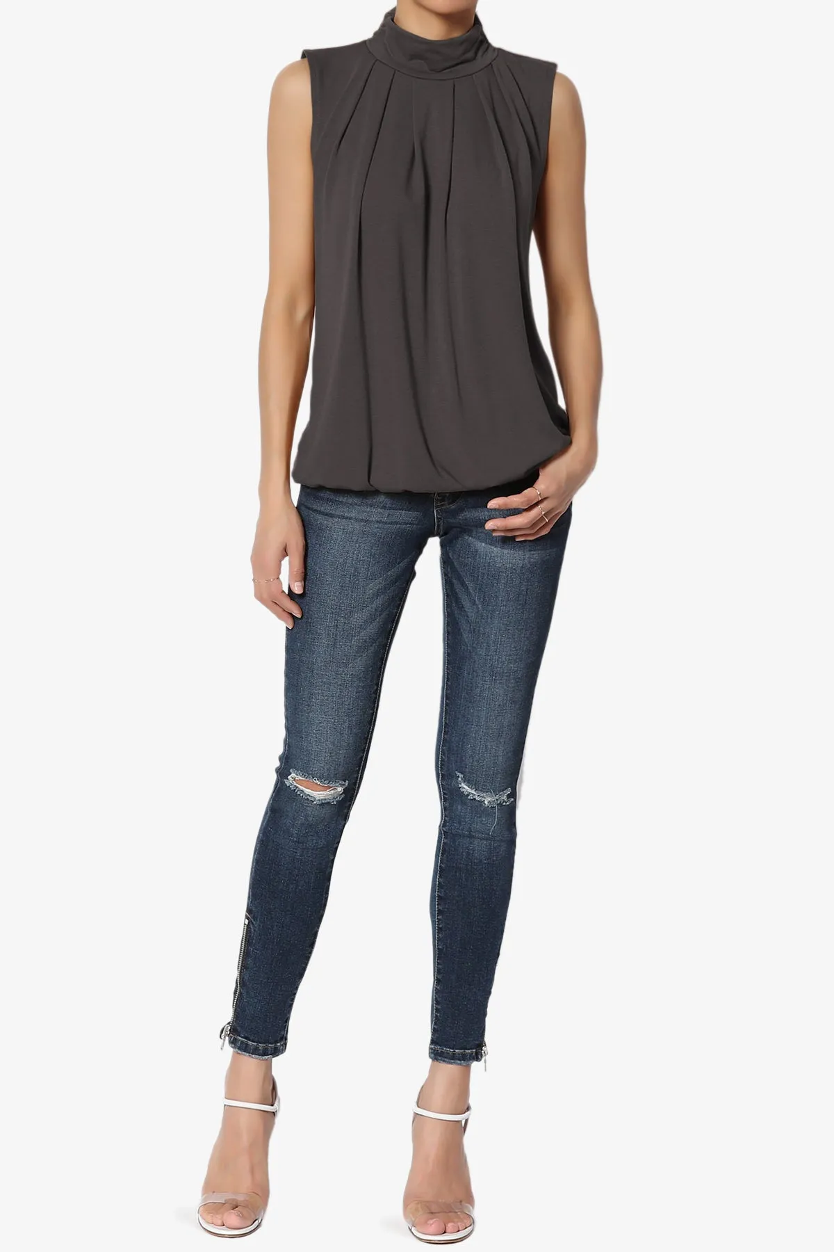 Jibbitz Sleeveless Mock Neck Pleated Top PLUS