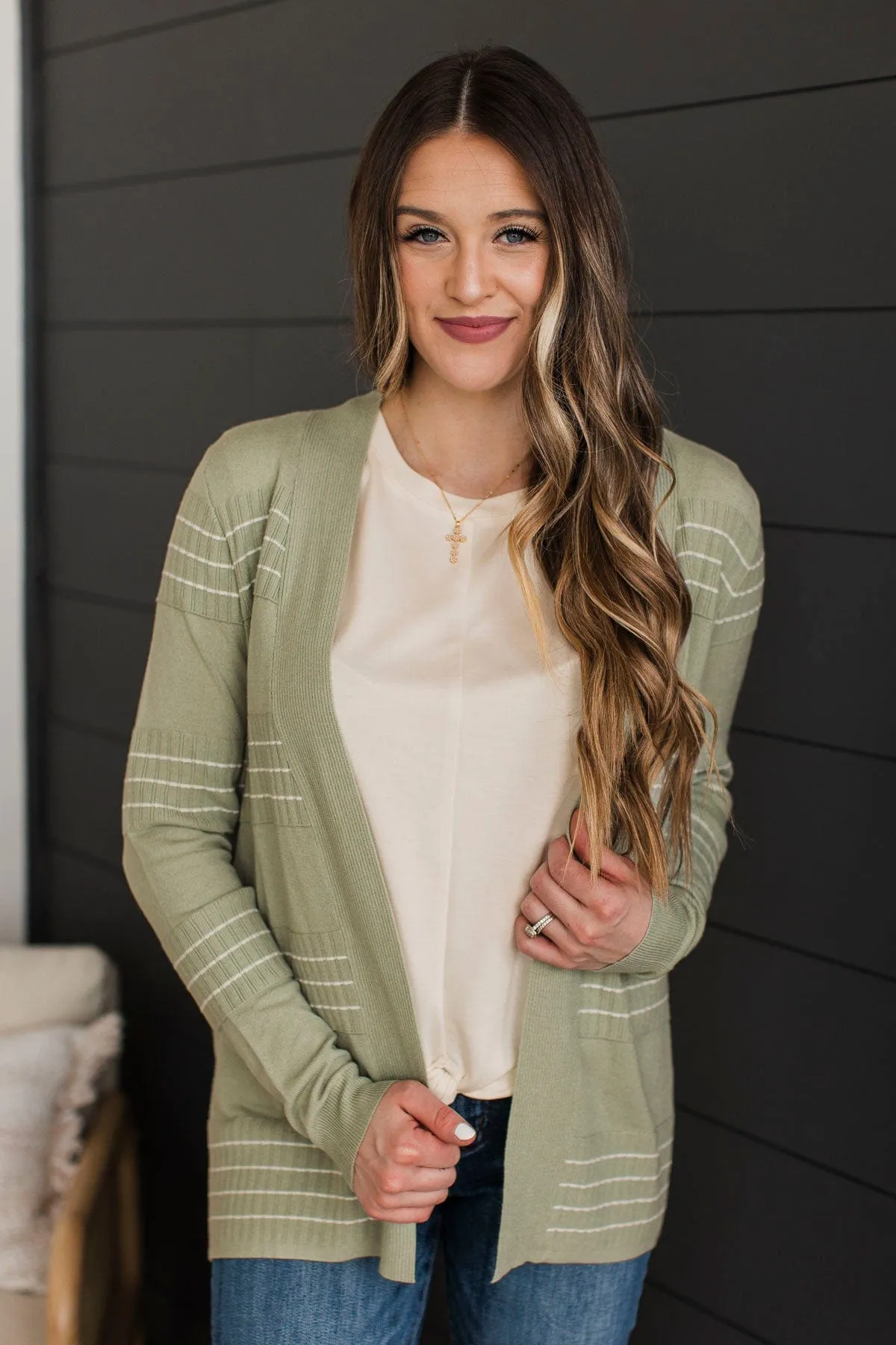 Keep In Mind Stitch Stripe Cardigan- Sage