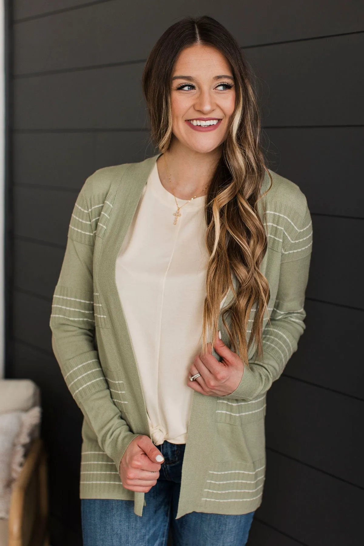 Keep In Mind Stitch Stripe Cardigan- Sage
