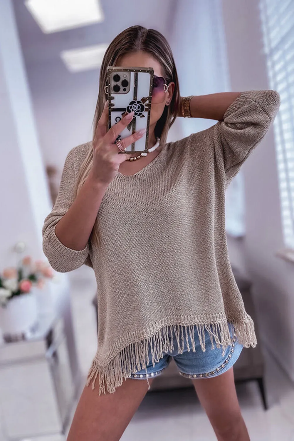 Khaki Lightweight Knit Fringe Hem Loose Sweater