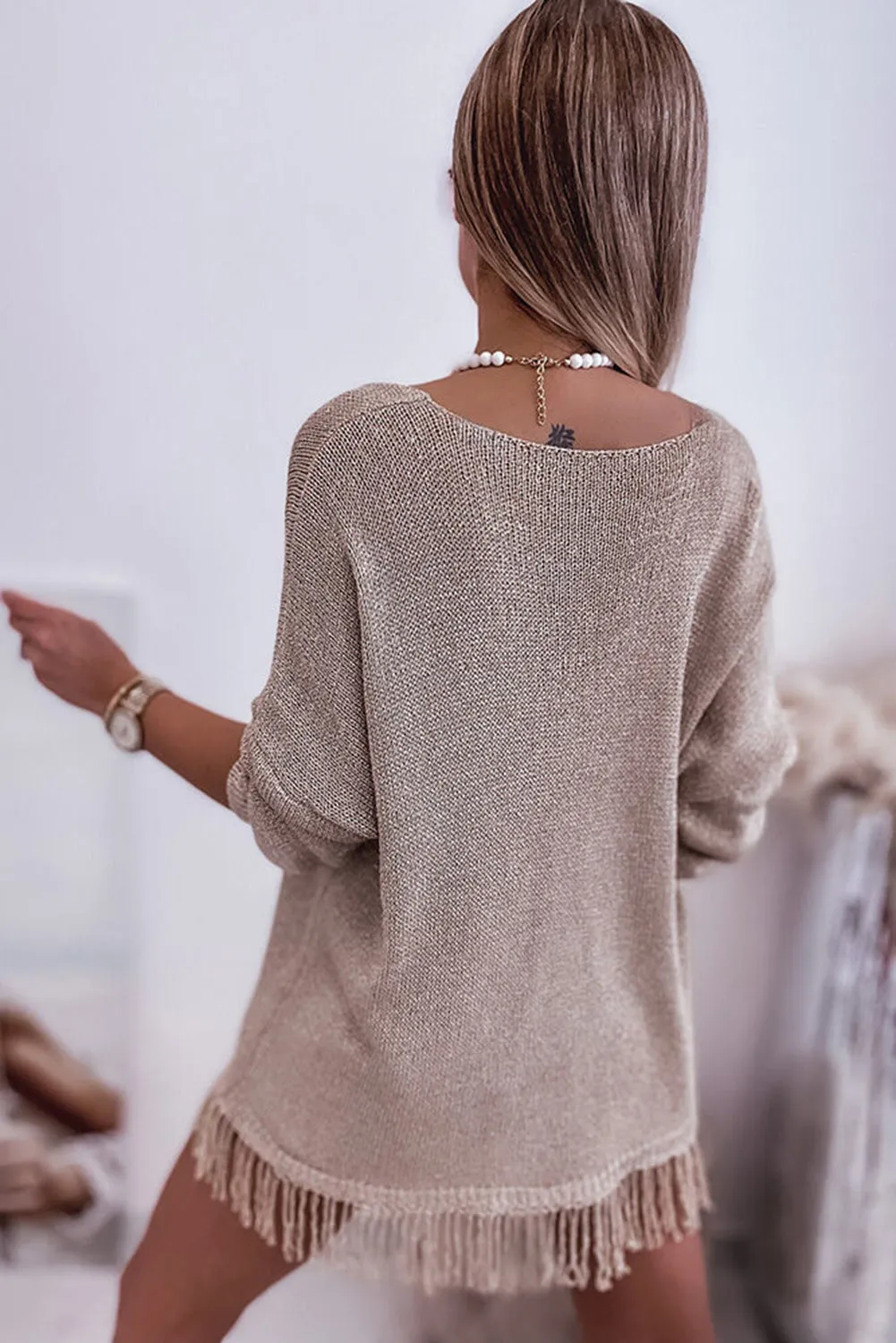 Khaki Lightweight Knit Fringe Hem Loose Sweater