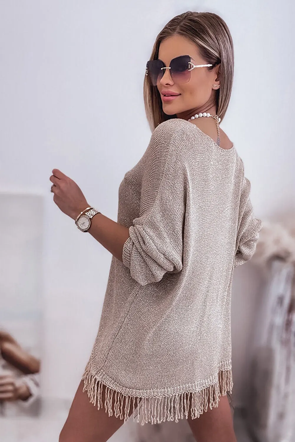Khaki Lightweight Knit Fringe Hem Loose Sweater