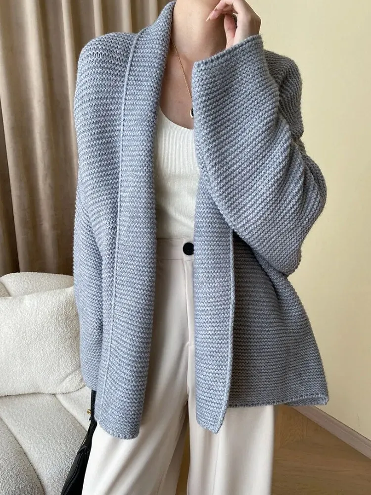 Knitted Cardigan Sweater Loose Lace Up Waist Oversized Warm Cardigan for Women One Size
