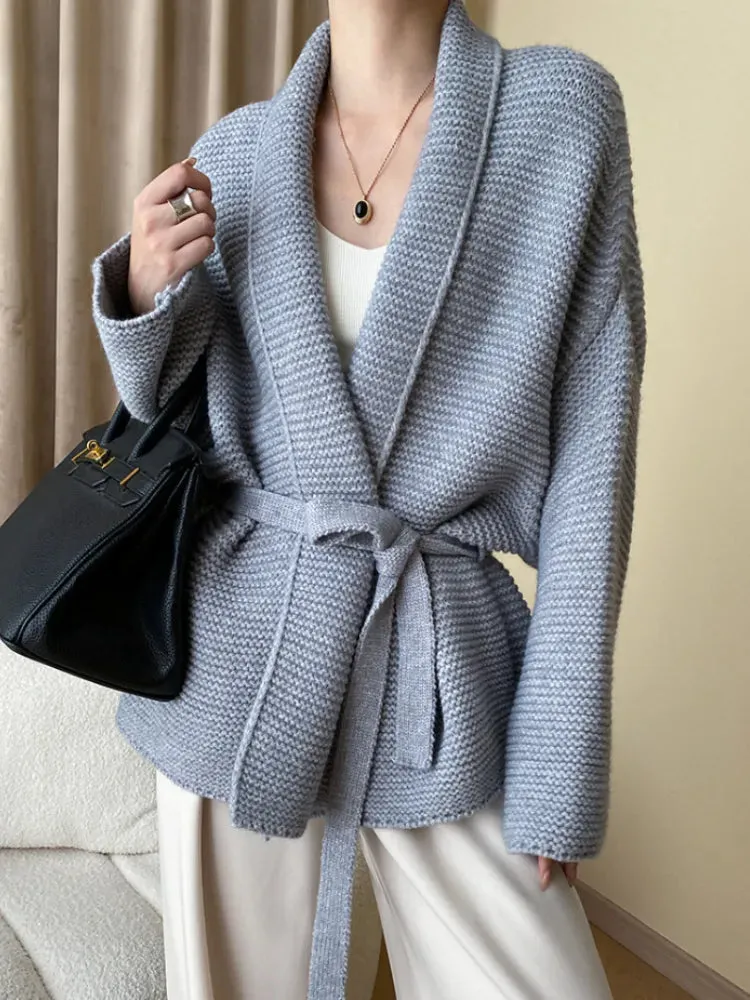 Knitted Cardigan Sweater Loose Lace Up Waist Oversized Warm Cardigan for Women One Size