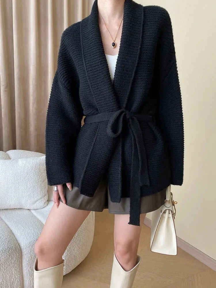 Knitted Cardigan Sweater Loose Lace Up Waist Oversized Warm Cardigan for Women One Size