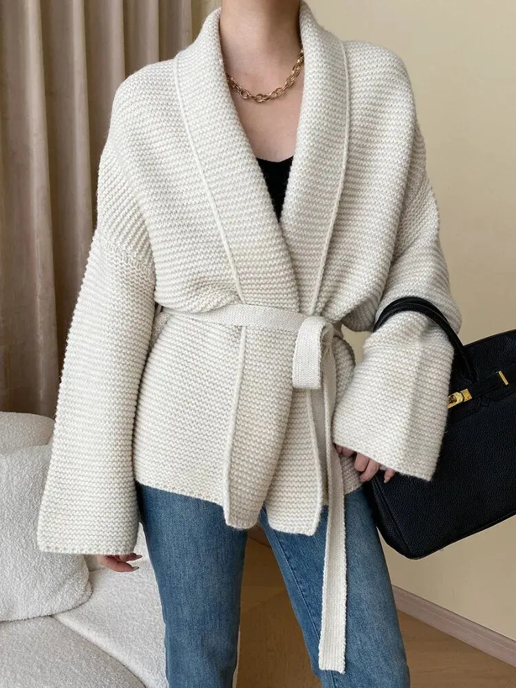 Knitted Cardigan Sweater Loose Lace Up Waist Oversized Warm Cardigan for Women One Size