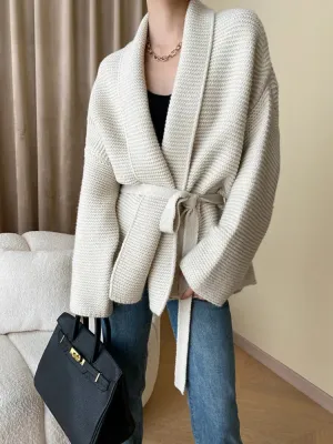 Knitted Cardigan Sweater Loose Lace Up Waist Oversized Warm Cardigan for Women One Size