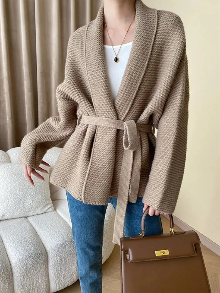 Knitted Cardigan Sweater Loose Lace Up Waist Oversized Warm Cardigan for Women One Size