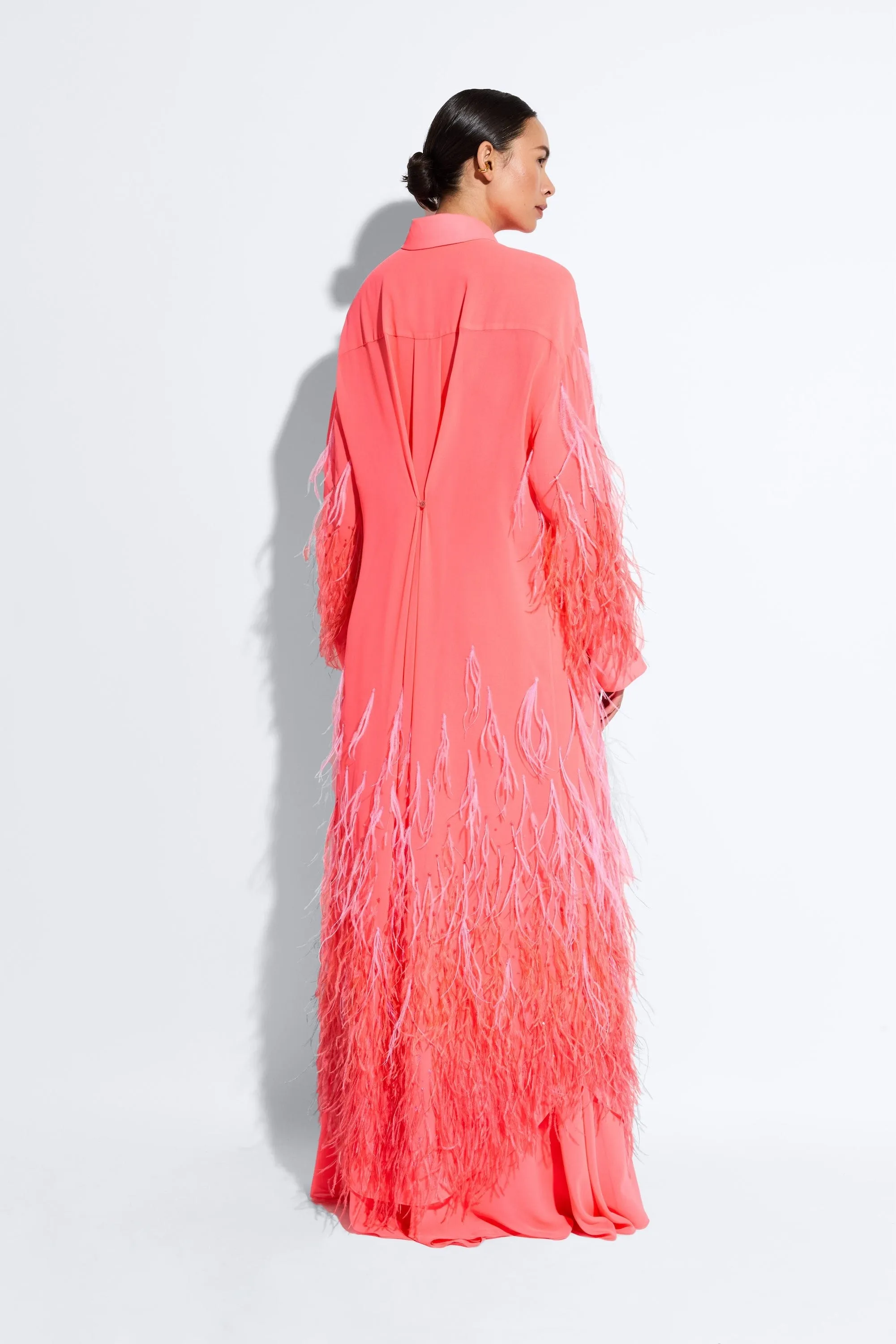 Lightweight Georgette Long Button Down With Feathers