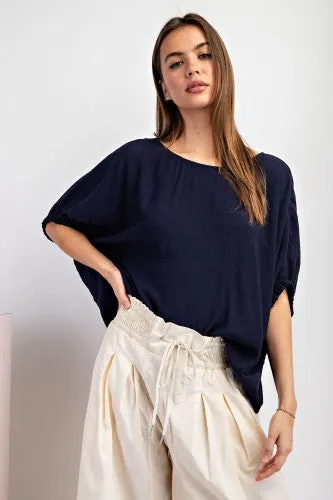 Linen Like Dolman Elastic Edge Blouse