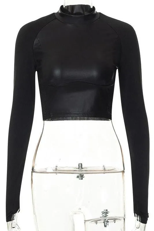 Long-sleeved splicing short PU leather top